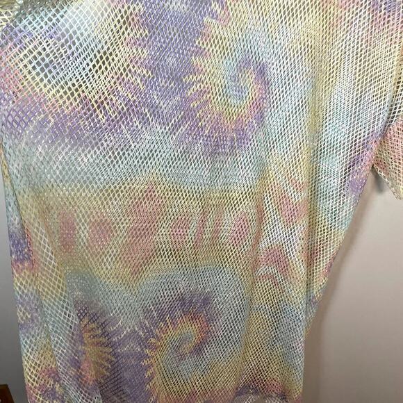 Womens Tie Dye Sheer Mesh Rainbow Oversized Stretchy Short Sleeve Coverup Tee - Picture 2 of 7